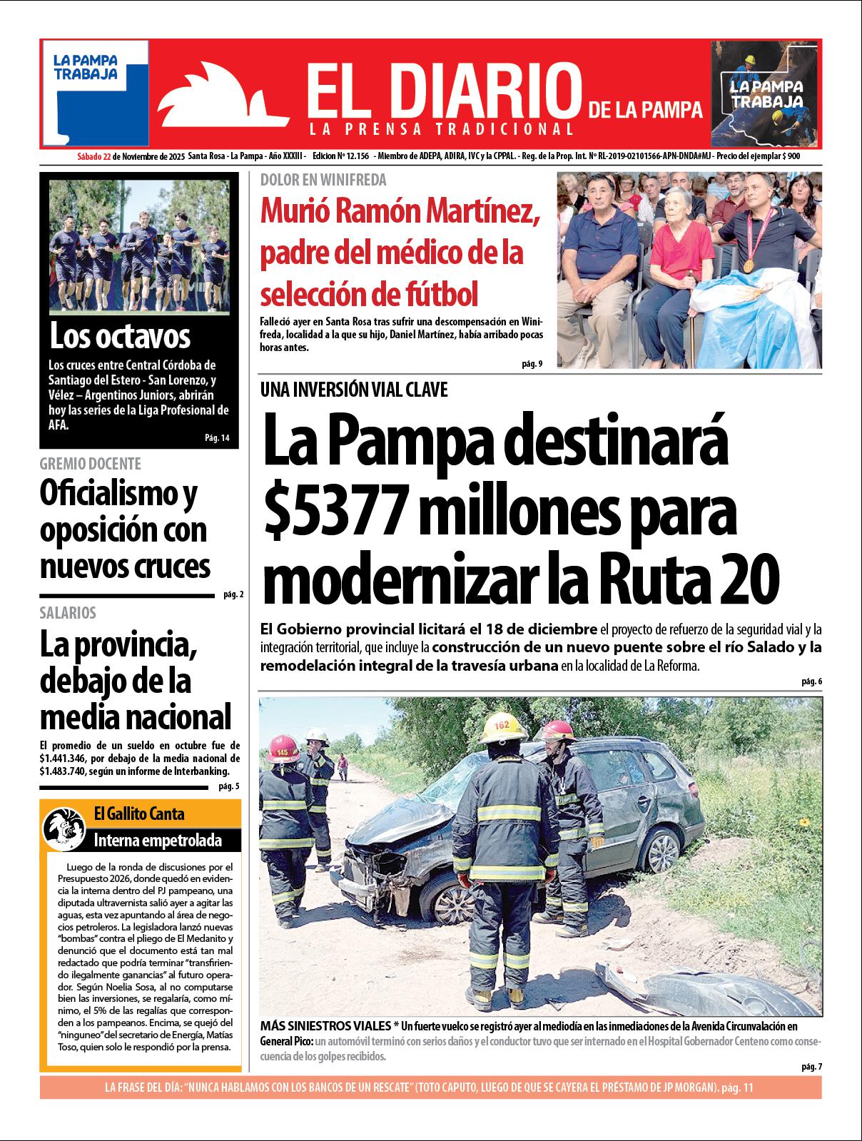 Tapa de El Diario en papel  saacutebado 22 de noviembre de 2025